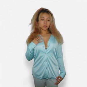 American Vintage 70s Light Baby Blue Polyester Button-up Collar Sleeve Blouse